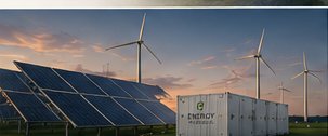 Solar array and wind turbines at sunset