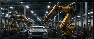 Industrial robotic arms on a manufacturing line