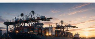 Container ship and port cranes